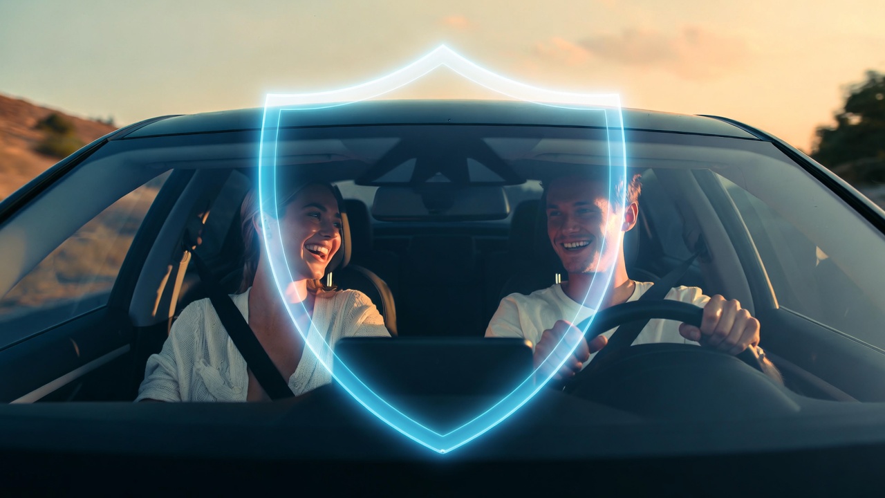 Happy young couple smiling while driving a car with a glowing blue shield overlay, symbolizing reliable auto insurance protection and peace of mind for drivers in Broken Arrow, Oklahoma.