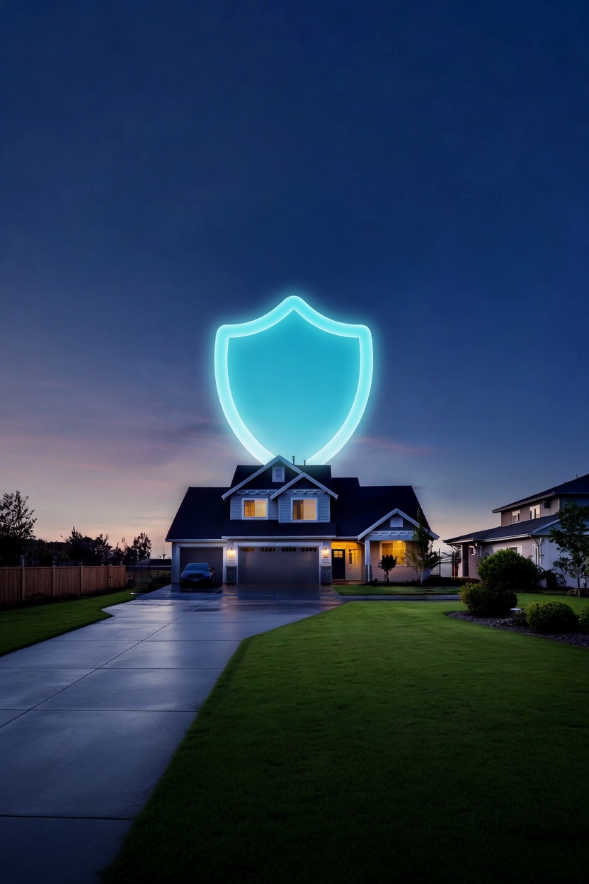 Glowing blue shield protecting a modern suburban home at dusk, symbolizing reliable insurance coverage and peace of mind for families in Broken Arrow, Oklahoma.